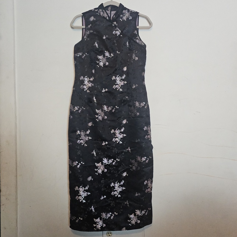 Robbie Bee Dress 8P Black Floral Brocade Cheongsam Oriental Sleek Vintage Y2K